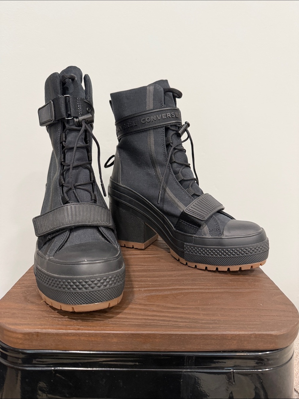 Converse Black Platform Lugged Ankle Boots with Brown Outsoles